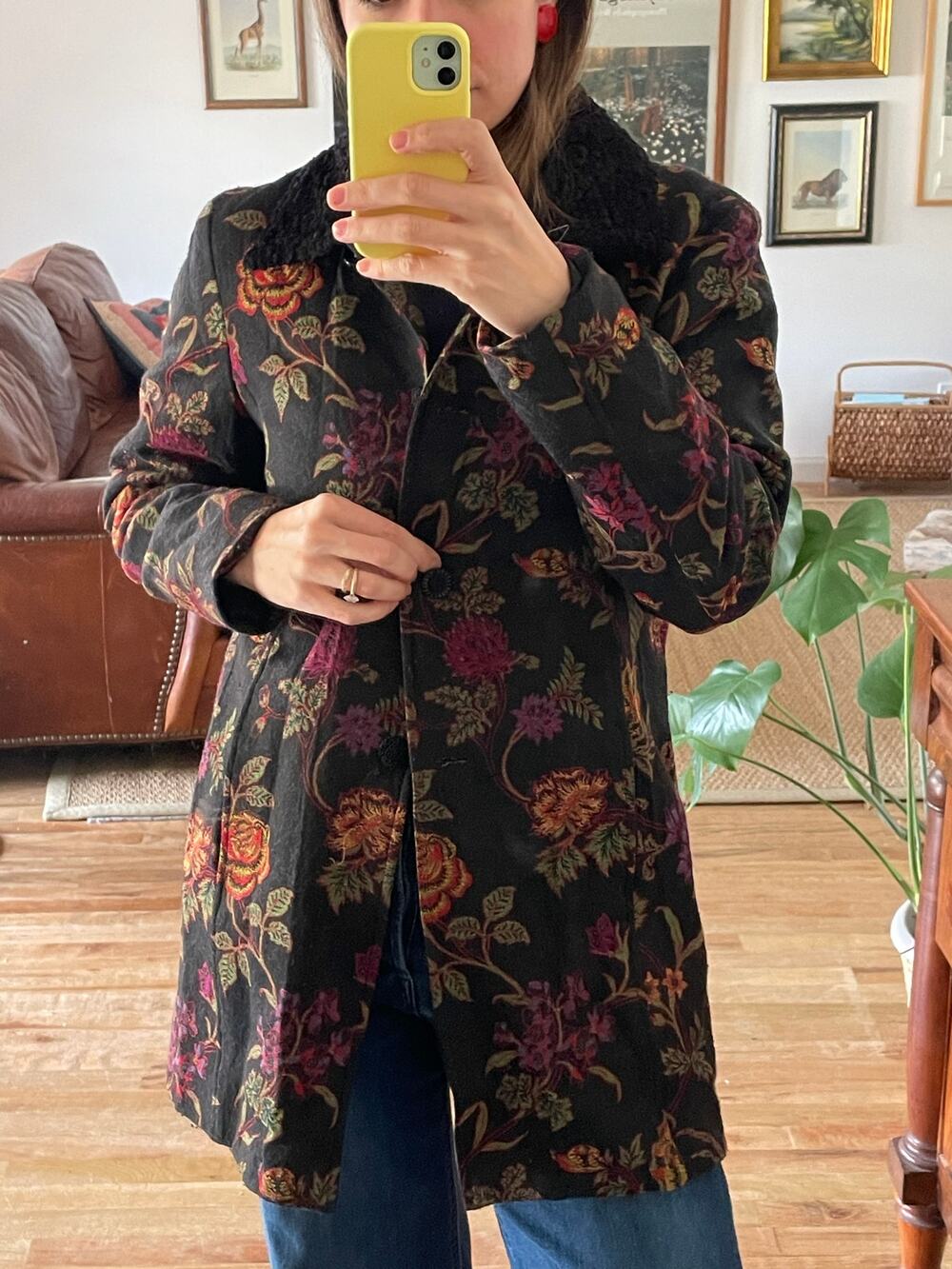 Vintage Brocade Floral Fur Collar Jacket